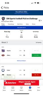 CBS Sports Pick'em mobile app showing flat pick slip with no confidence scoring and State Farm ad